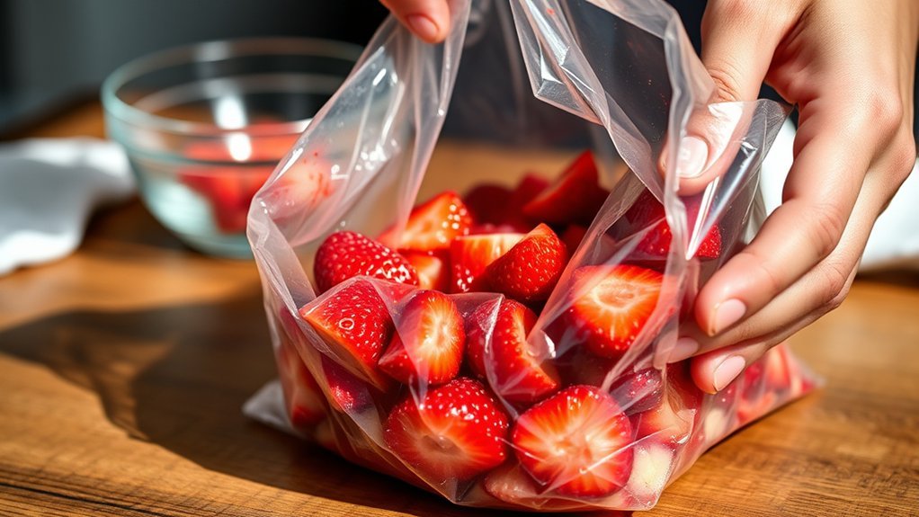 mash strawberries in bag