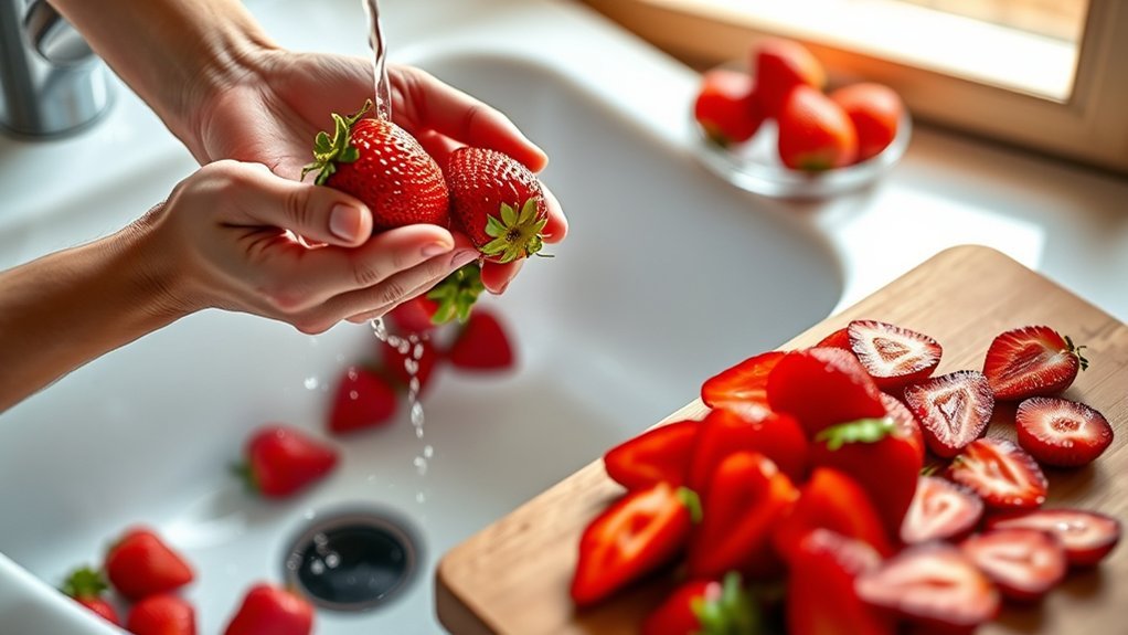 wash hull cut strawberries